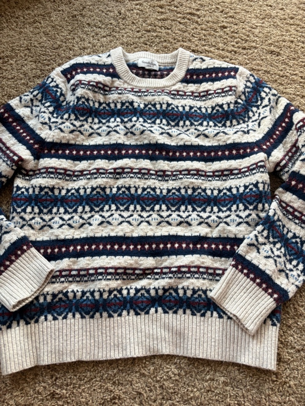 Goodfellow & Co Cream Fair Isle Crewneck with Navy & Burgundy Pattern